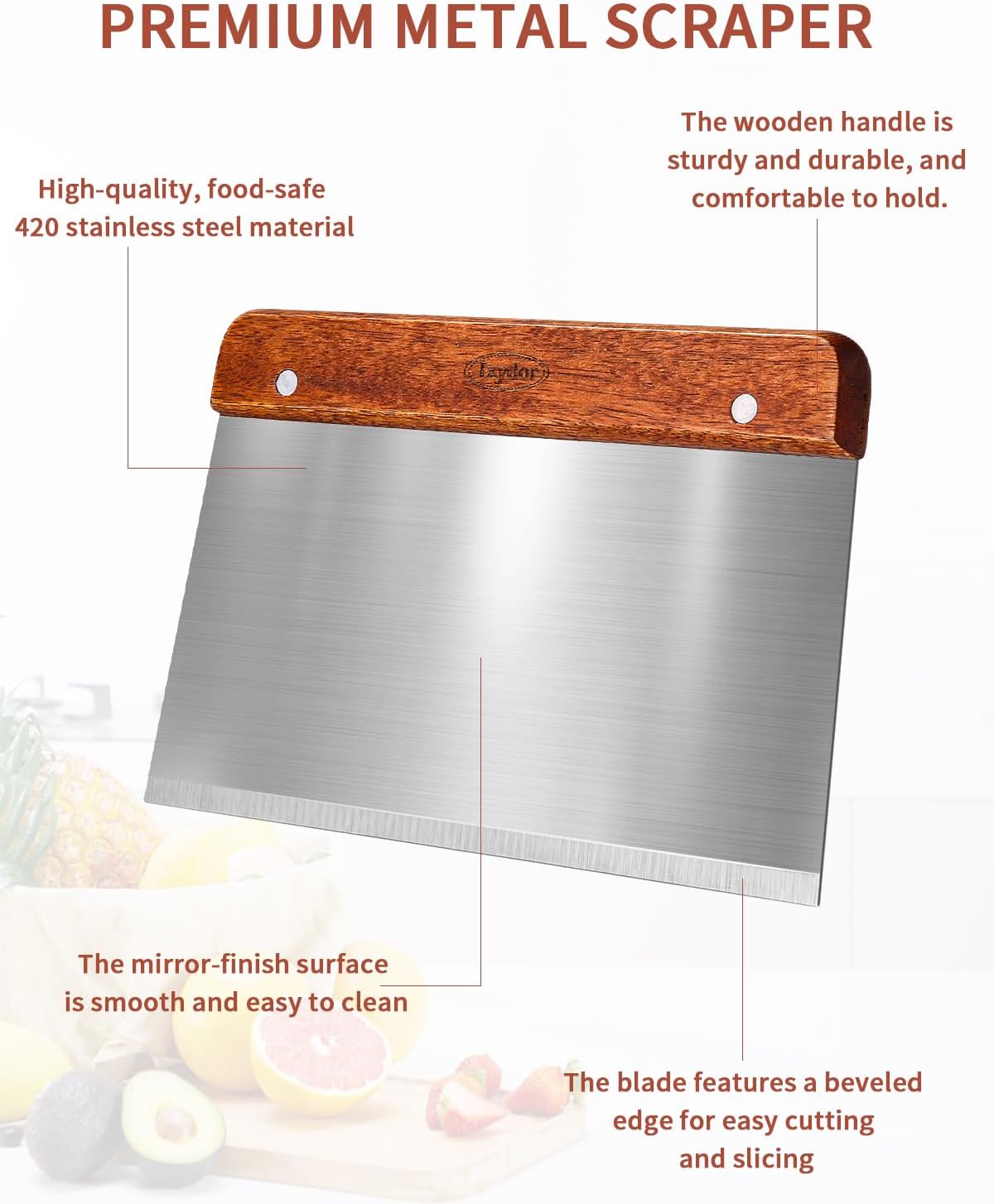 Teigkarte Edelstahl 20 CM, Edelstahl Teigschneider, Gebäckschaber, Teigschaber mit Holzgriff und lebensmittelechter Edelstahlklinge, Teigschneider für das Schneiden von Teig, Brot, Kuchen, Pizza