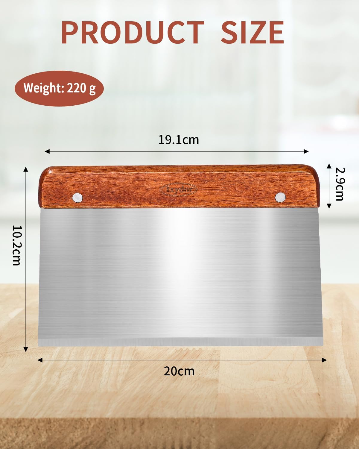 Teigkarte Edelstahl 20 CM, Edelstahl Teigschneider, Gebäckschaber, Teigschaber mit Holzgriff und lebensmittelechter Edelstahlklinge, Teigschneider für das Schneiden von Teig, Brot, Kuchen, Pizza